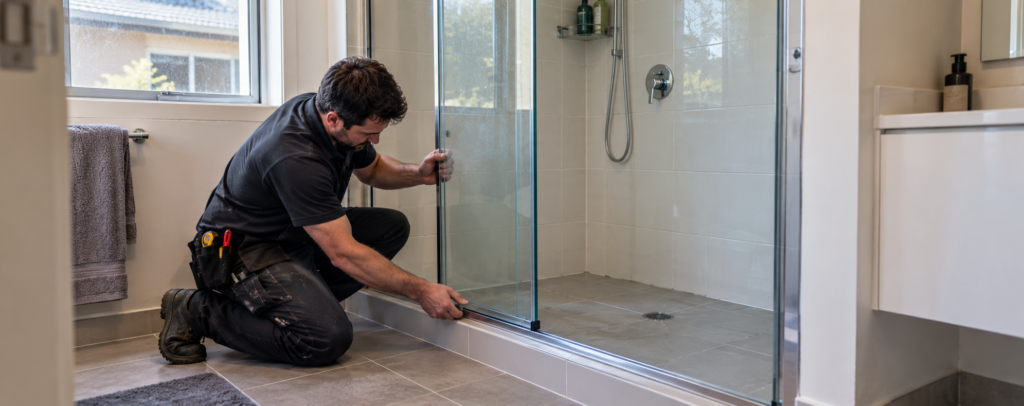 Glazier refitting a sliding shower screen door Sydney bathroom