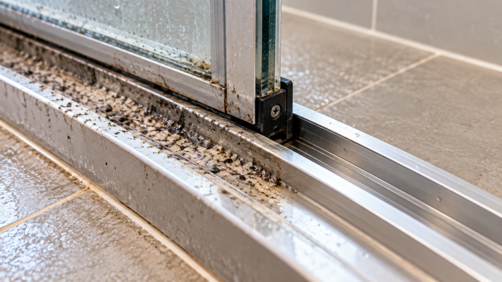 Shower door bottom track clogged with soap scum before cleaning