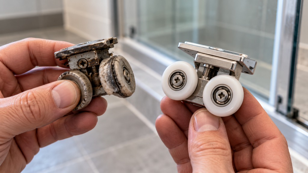 Worn shower door roller carriage beside a new replacement